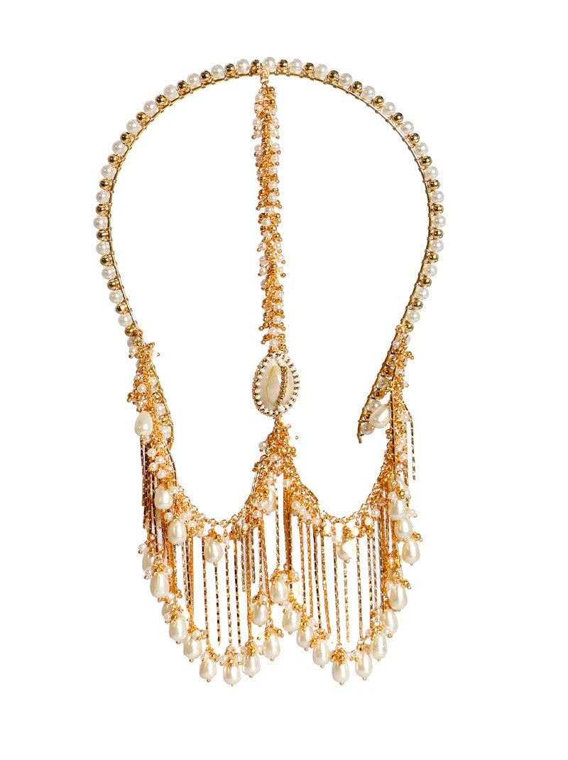 Bridal Pearl Hair Chain Jhoomar – Golden Headpiece