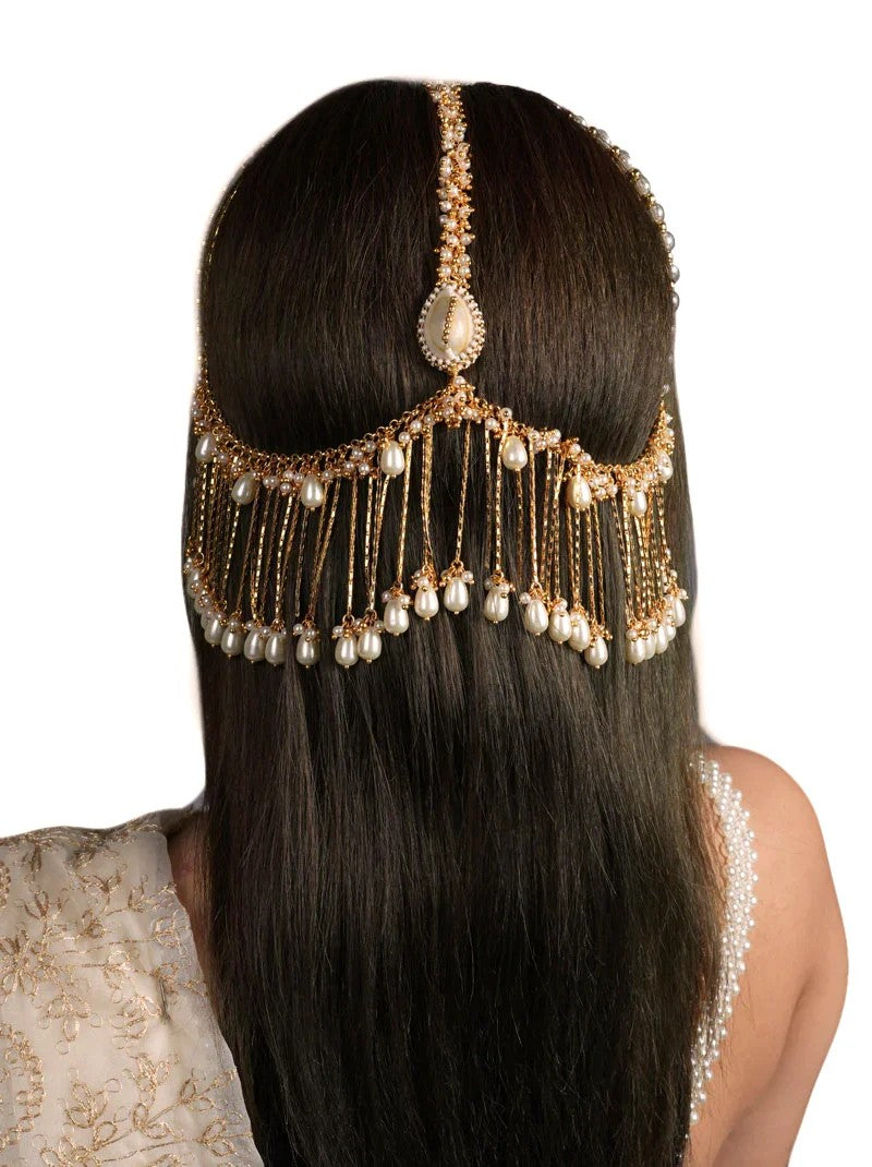Bridal Pearl Hair Chain Jhoomar – Golden Headpiece