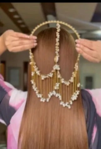 Bridal Pearl Hair Chain Jhoomar – Golden Headpiece